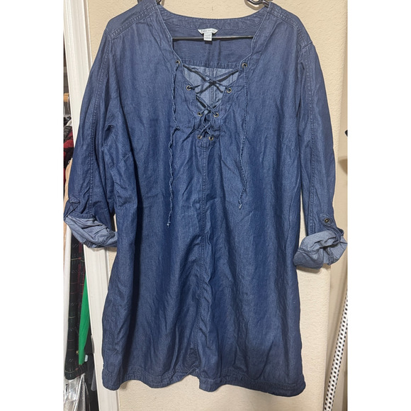 Cato Dresses & Skirts - Cato Chambray Dress Sz 22/24W Dark wash blue Denim Shift Lace up neckline